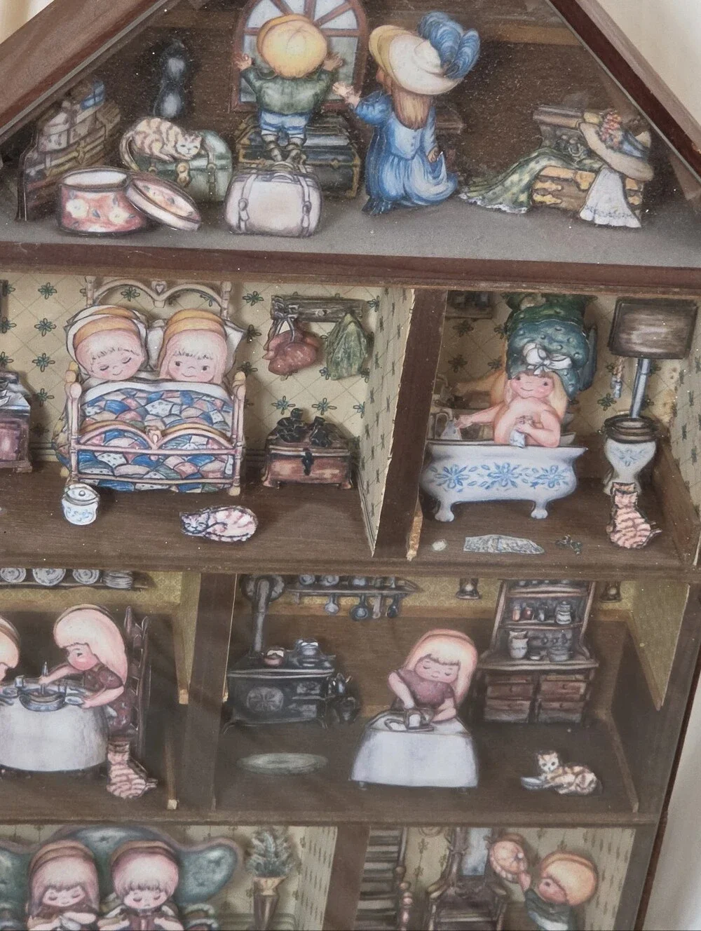 Vintage Holly Hobbie Style 3D Decoupage Wooden Dollhouse Shadow Box Diorama